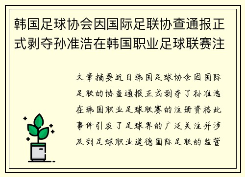 韩国足球协会因国际足联协查通报正式剥夺孙准浩在韩国职业足球联赛注册资格 韩国足球协会因国际足联协查通报正式剥夺孙准浩在韩国职业足球联赛注册资格