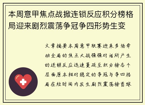 本周意甲焦点战掀连锁反应积分榜格局迎来剧烈震荡争冠争四形势生变